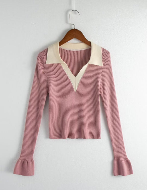 Autumn Winter Thread Sunken Stripe Knitted Bottoming Shirt Collared Micro Pull Sleeve T shirt