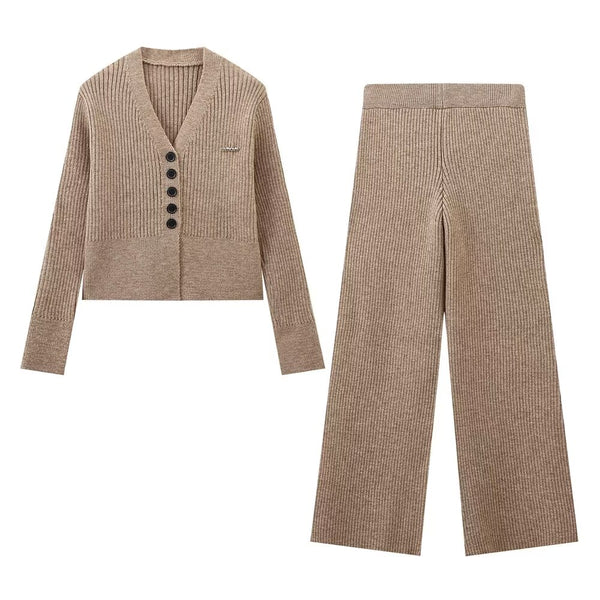 Women Solid Color V neck Five Button Vertical Bar Coat High Waist Trousers Sets