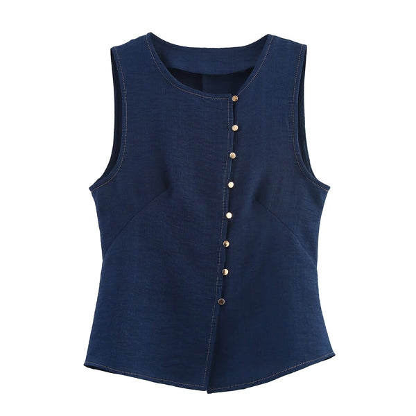 Summer Women Clothing Linen Double Breasted Sleeveless Vest Top