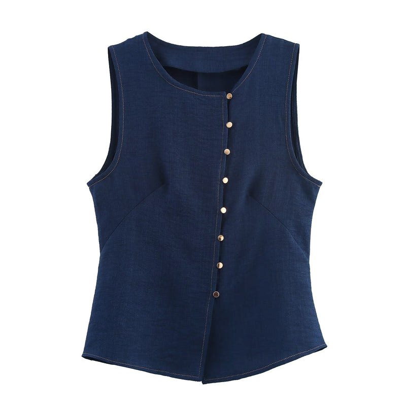 Summer Women Clothing Linen Double Breasted Sleeveless Vest Top