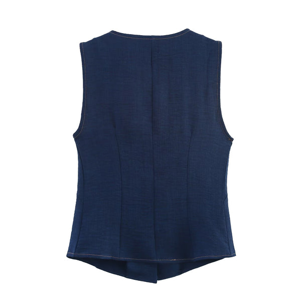 Summer Women Clothing Linen Double Breasted Sleeveless Vest Top
