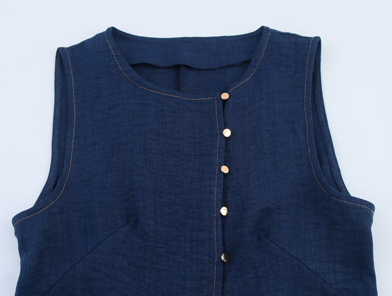 Summer Women Clothing Linen Double Breasted Sleeveless Vest Top