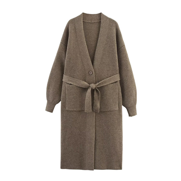 Autumn Women Clothing Gold Thread Belt Knitted Overcoat Coat for Women