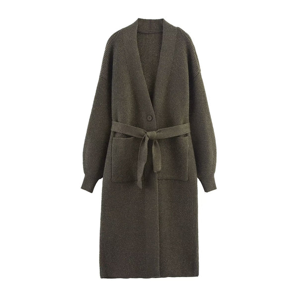 Autumn Women Clothing Gold Thread Belt Knitted Overcoat Coat for Women