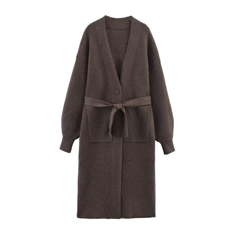 Autumn Women Clothing Gold Thread Belt Knitted Overcoat Coat for Women