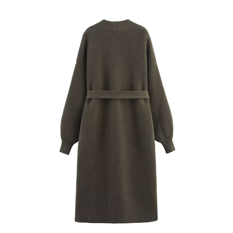 Autumn Women Clothing Gold Thread Belt Knitted Overcoat Coat for Women