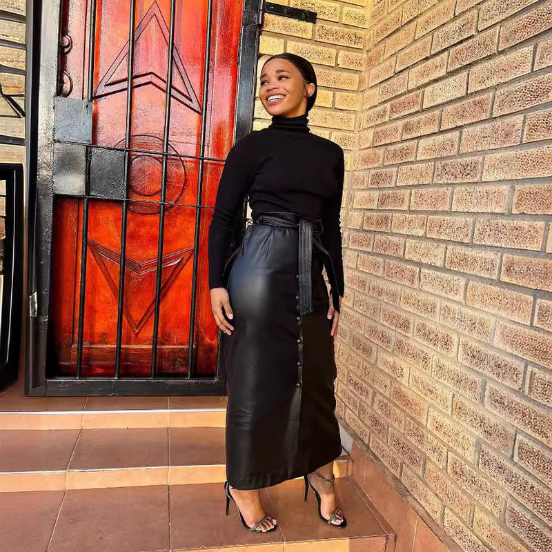 Women Clothing Autumn Winter Mid-Length Black Faux Leather Bag Buckle Slit Leather Skirt Containing Belt