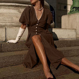 Women Clothing V neck Puff Sleeve Single Breasted Dress Women Pleated Waist Tight A line Dress