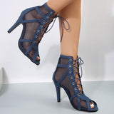 Plus Size Mesh Peep Toe High Heel Sandal Boots Women Lace up Stiletto Heel Breathable Sandals