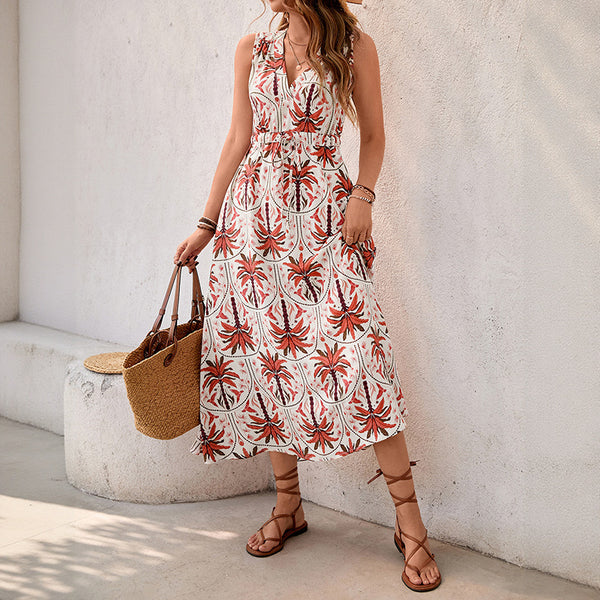 Robe d'été sans manches à col en V et imprimé végétal