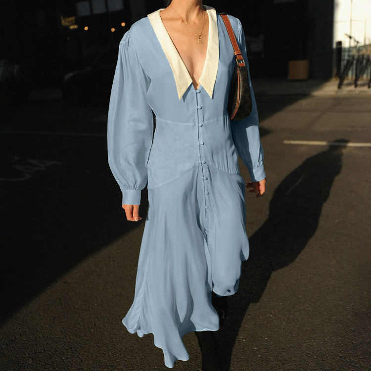Collared Long Sleeve French Dress Women Summer Tight Waist Cardigan Dress