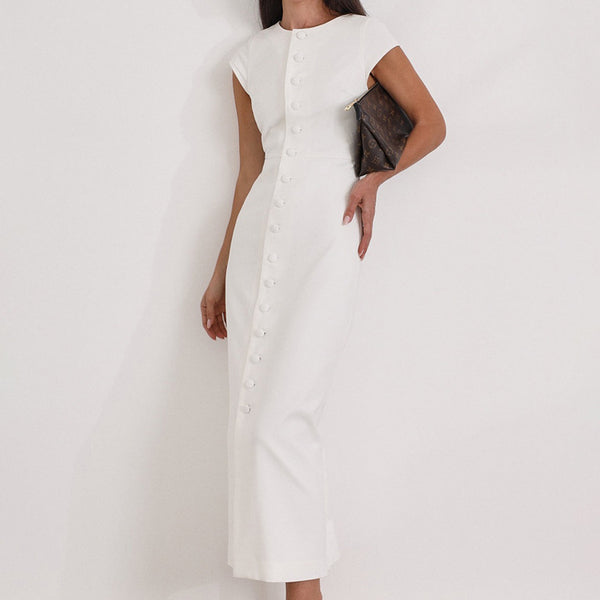 Round Neck Flying Sleeves Dress Women Elegant Waist Single Breasted White Sheath Dress