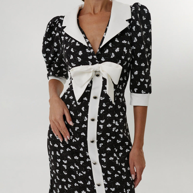 Digital Printing Elegant Dress Polo Collar Five Quarter Sleeve Design Bow Sheath Dress