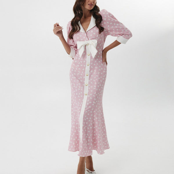 Digital Printing Elegant Dress Polo Collar Five Quarter Sleeve Design Bow Sheath Dress