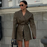 Retro Faux Leather Skirt Set Women Design Hollow Out Cutout out Long Sleeved Top High Grade Two Piece Sets