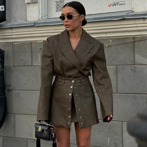 Retro Faux Leather Skirt Set Women Design Hollow Out Cutout out Long Sleeved Top High Grade Two Piece Sets