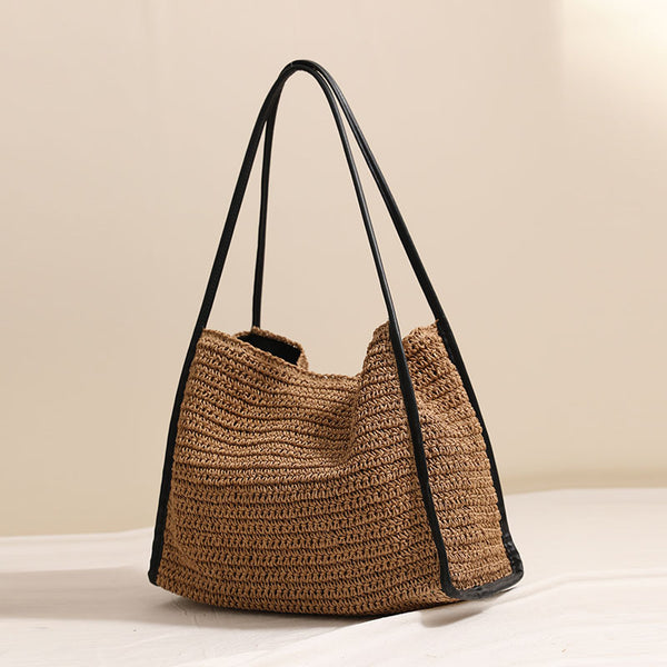 Sac en paille français de grande capacité, niche, couleur unie, tissé, pour femmes, vacances, plage, sac à bandoulière