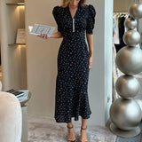 Women Clothing Digital Printing Summer French Short Sleeve Dress V neck Pleated High Waist Floral Maxi Dress