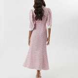 Digital Printing Elegant Dress Polo Collar Five Quarter Sleeve Design Bow Sheath Dress