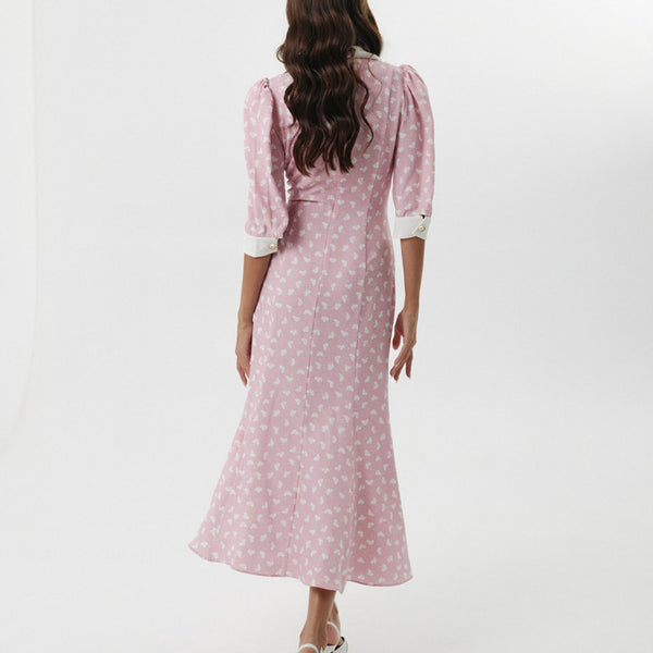 Digital Printing Elegant Dress Polo Collar Five Quarter Sleeve Design Bow Sheath Dress