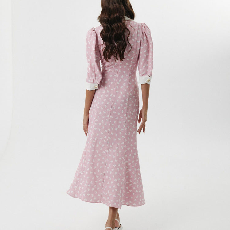 Digital Printing Elegant Dress Polo Collar Five Quarter Sleeve Design Bow Sheath Dress
