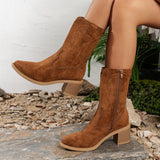 Retro Embroidery Mid Calf Western Cowboy Boot Women V Cut Thick Heel Slimming Suede Thin Knight Boots
