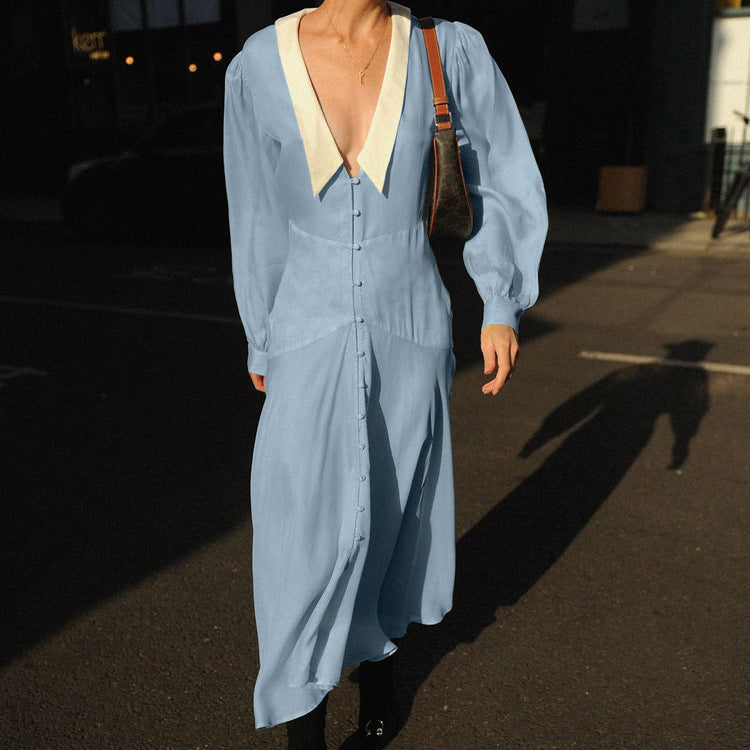 Collared Long Sleeve French Dress Women Summer Tight Waist Cardigan Dress