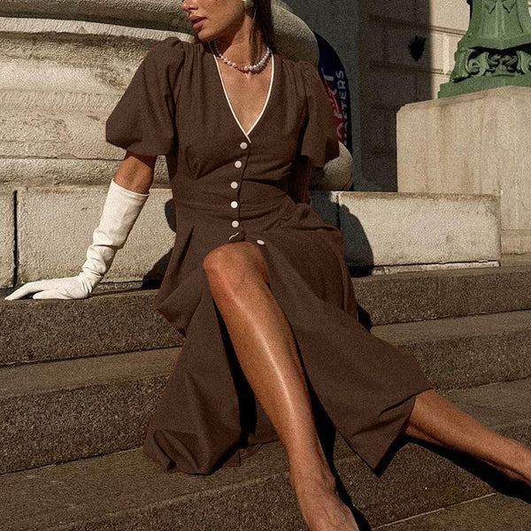 Women Clothing V neck Puff Sleeve Single Breasted Dress Women Pleated Waist Tight A line Dress