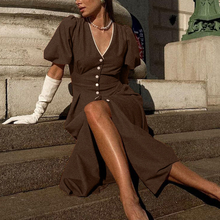 Women Clothing V neck Puff Sleeve Single Breasted Dress Women Pleated Waist Tight A line Dress