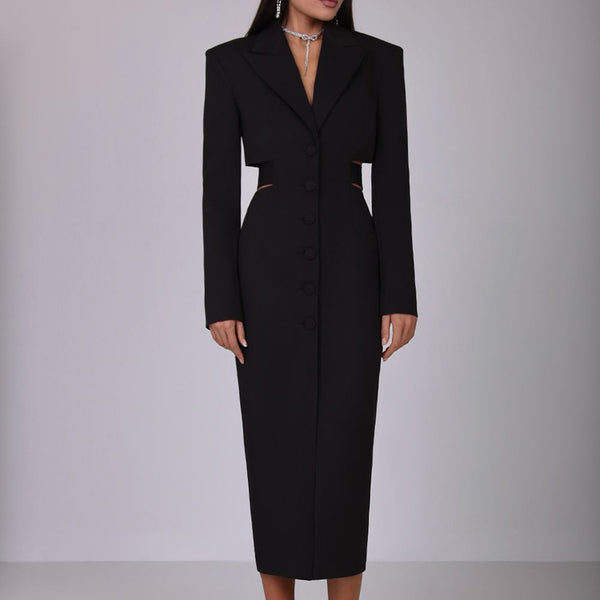 Hollow Out Cutout out Cropped Design High Sense Business Dress Office Single Breasted Long Sleeve Hip