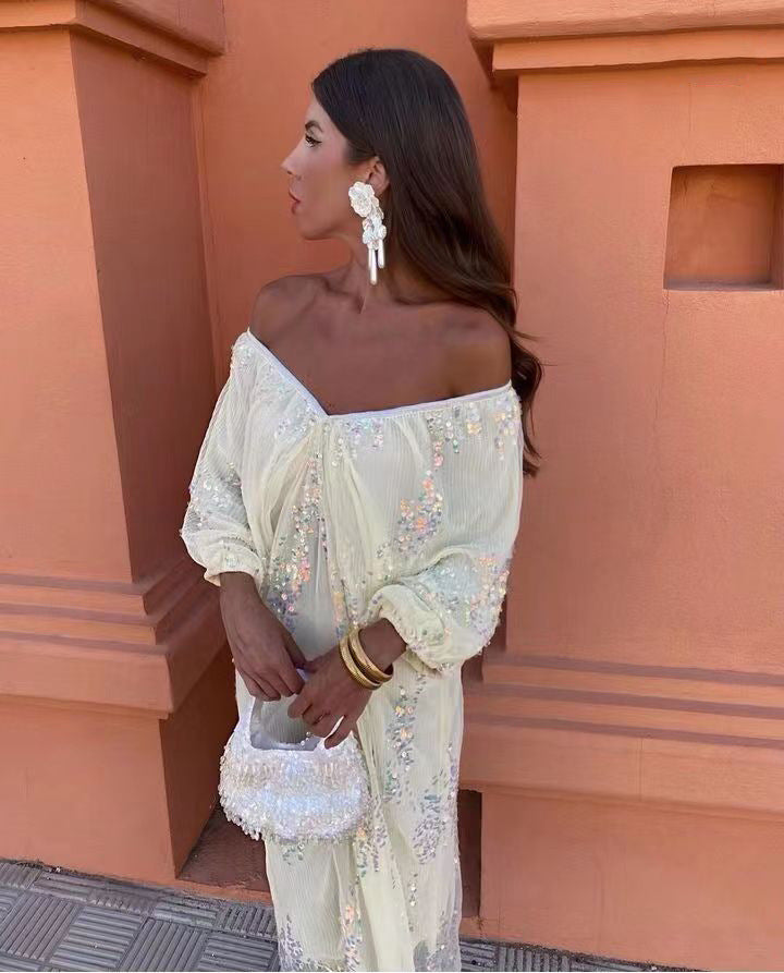 Spring Summer Popular Batwing Sleeve Sequined Deep V Plunge neck Maxi Dress