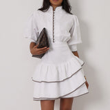 Graceful Fashionable Contrast Color Shirt Dress Women Stand Collar Puff Sleeve Tight Waist A line Dress