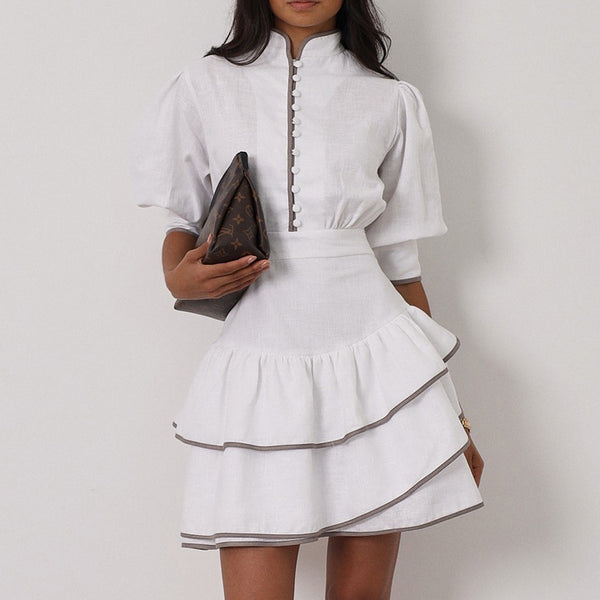 Graceful Fashionable Contrast Color Shirt Dress Women Stand Collar Puff Sleeve Tight Waist A line Dress