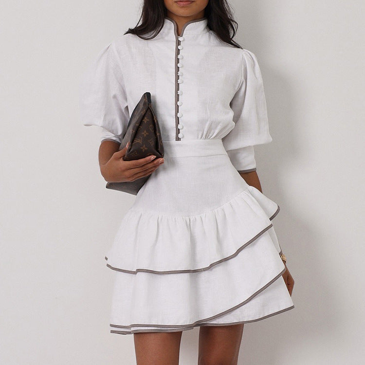 Graceful Fashionable Contrast Color Shirt Dress Women Stand Collar Puff Sleeve Tight Waist A line Dress
