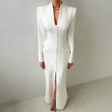 V neck Long Sleeve High Waist Split French Dress Women Party Long Dress