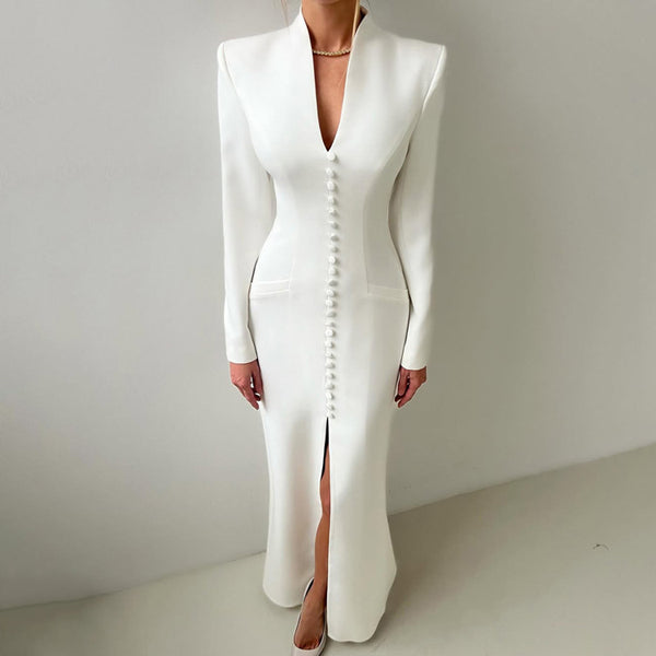 V neck Long Sleeve High Waist Split French Dress Women Party Long Dress