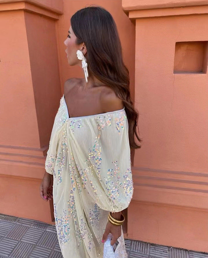 Spring Summer Popular Batwing Sleeve Sequined Deep V Plunge neck Maxi Dress