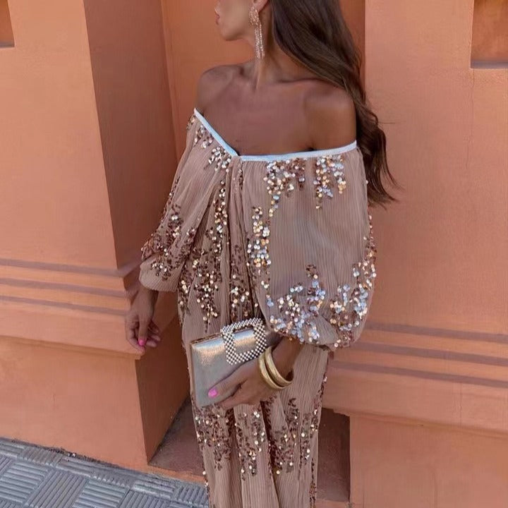 Spring Summer Popular Batwing Sleeve Sequined Deep V Plunge neck Maxi Dress