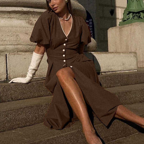 Women Clothing V neck Puff Sleeve Single Breasted Dress Women Pleated Waist Tight A line Dress