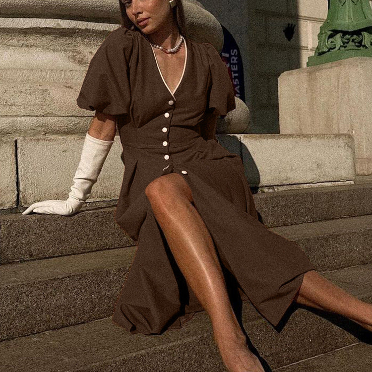Women Clothing V neck Puff Sleeve Single Breasted Dress Women Pleated Waist Tight A line Dress