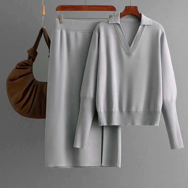 Women Autumn Winter Loose Solid Color Polo Collar Knitted Sweater Skirt Two Piece Set