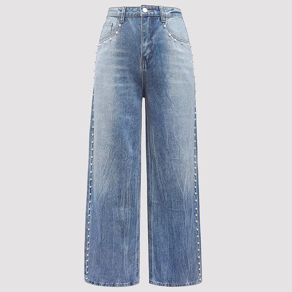 Women Clothing Autumn Magic Heavy Industry Metal Rivet White Pearl Straight Leg Denim