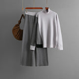 Women Clothing Stitching Contrast Color Half Turtleneck Loose Knitted Top Wide Leg Pants Two Piece Set