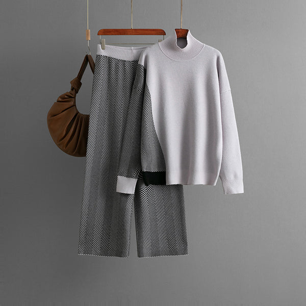 Women Clothing Stitching Contrast Color Half Turtleneck Loose Knitted Top Wide Leg Pants Two Piece Set