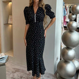 Women Clothing Digital Printing Summer French Short Sleeve Dress V neck Pleated High Waist Floral Maxi Dress