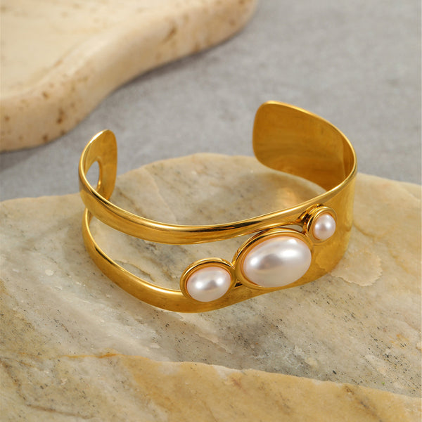 Bracelet en acier inoxydable ajouré avec perle ouverte, plaqué or 18 carats, bijou de main avancé