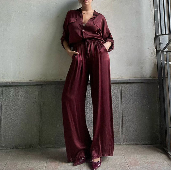 Satin Casual Women Spring Autumn Polo Collar Long Sleeve Loose Shirt High Waist Pants Two Piece Sets