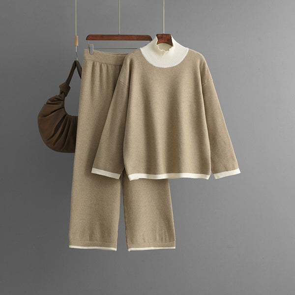 Russian Knitting Casual Contrast Color Patchwork Top Loose Slimming Wide Leg Pants Two Piece Sets Women
