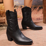 Arrival Retro Pointed Toe Chunky Heel Western Cowboy Boot Women British Embroidery Mid Calf Riding Boots Leather Boots