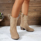 Retro Pointed Toe Chunky Heel Western Cowboy Boot Women Embroidered Slip on Mid Heel Knight Boots